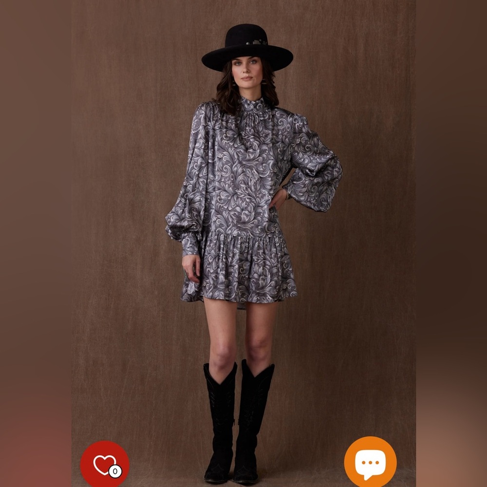 Double D Ranch Silver-Gray Paisley Balloon-Sleeve Mini Dress